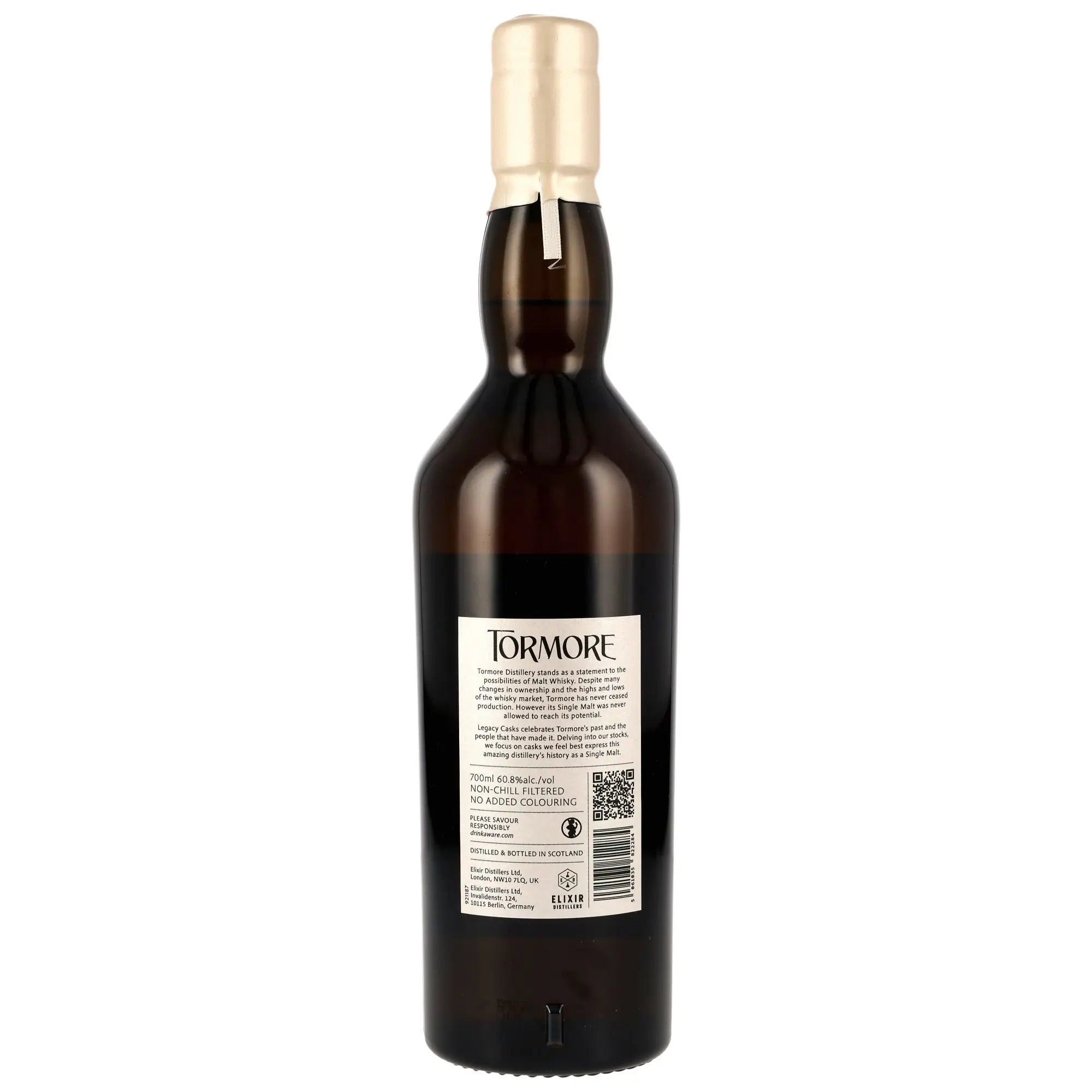 Rückseite der Single Malt Whiskyflasche Tormore Legacy Casks 12 Jahre 2012/2025