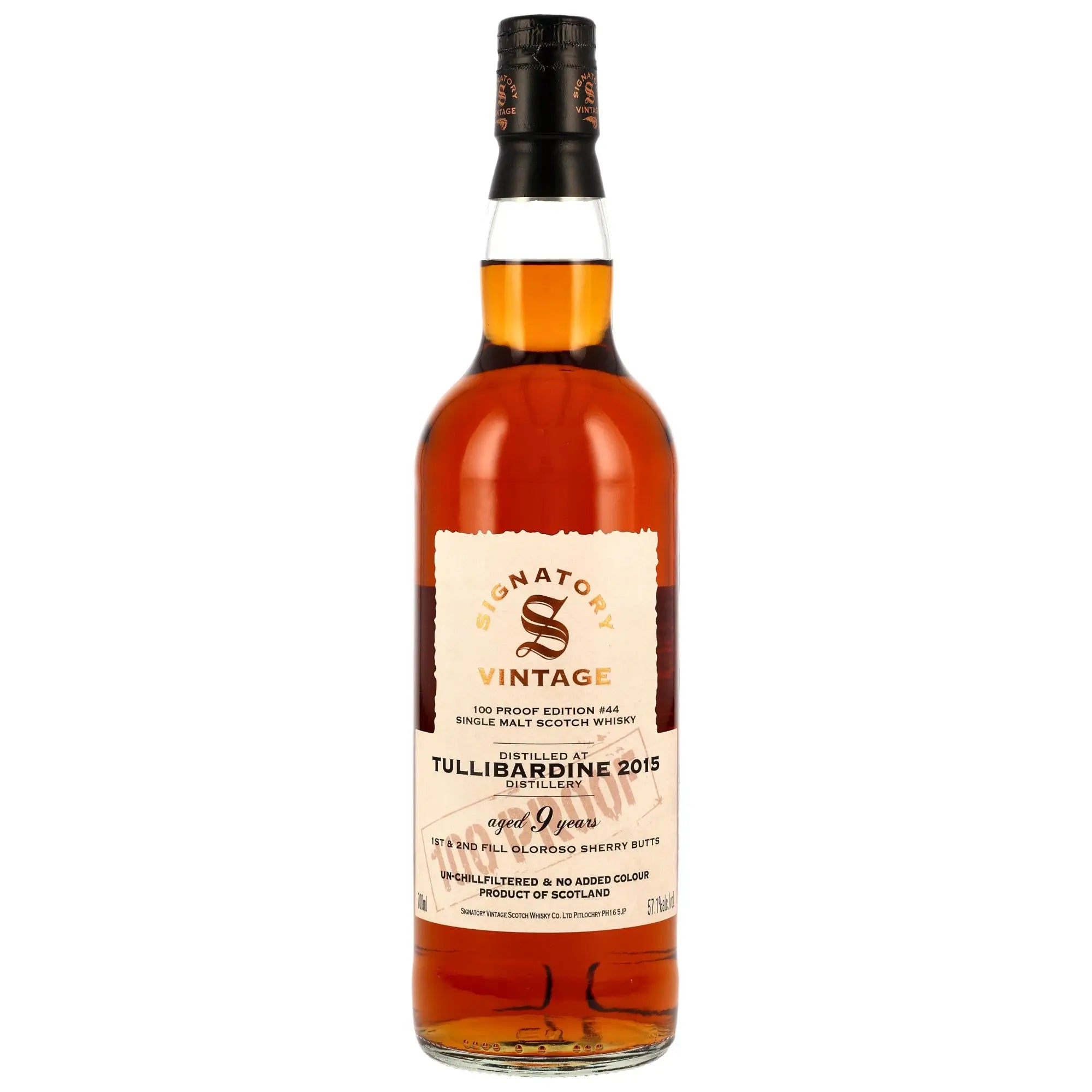 Vorderseite der Single Malt Whiskyflasche Tullibardine 100 Proof Edition #44 9 Jahre 2015/2025