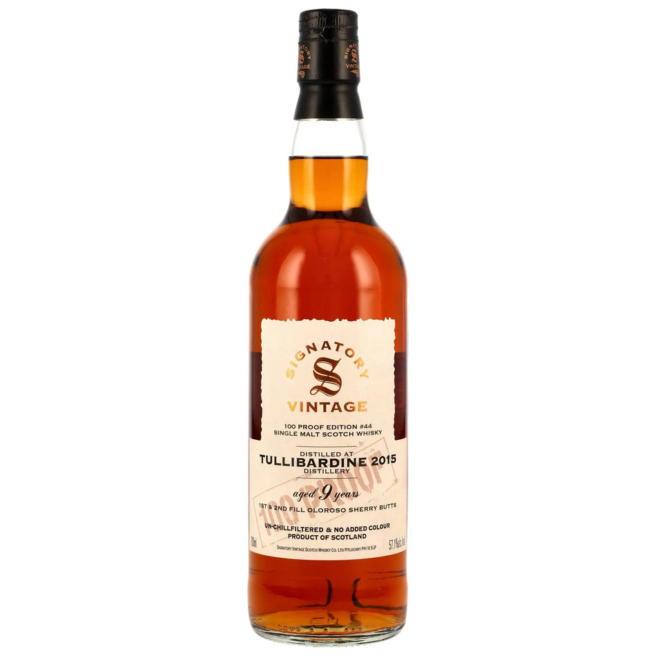 Vorderseite der Single Malt Whiskyflasche Tullibardine 100 Proof Edition #44 9 Jahre 2015/2025
