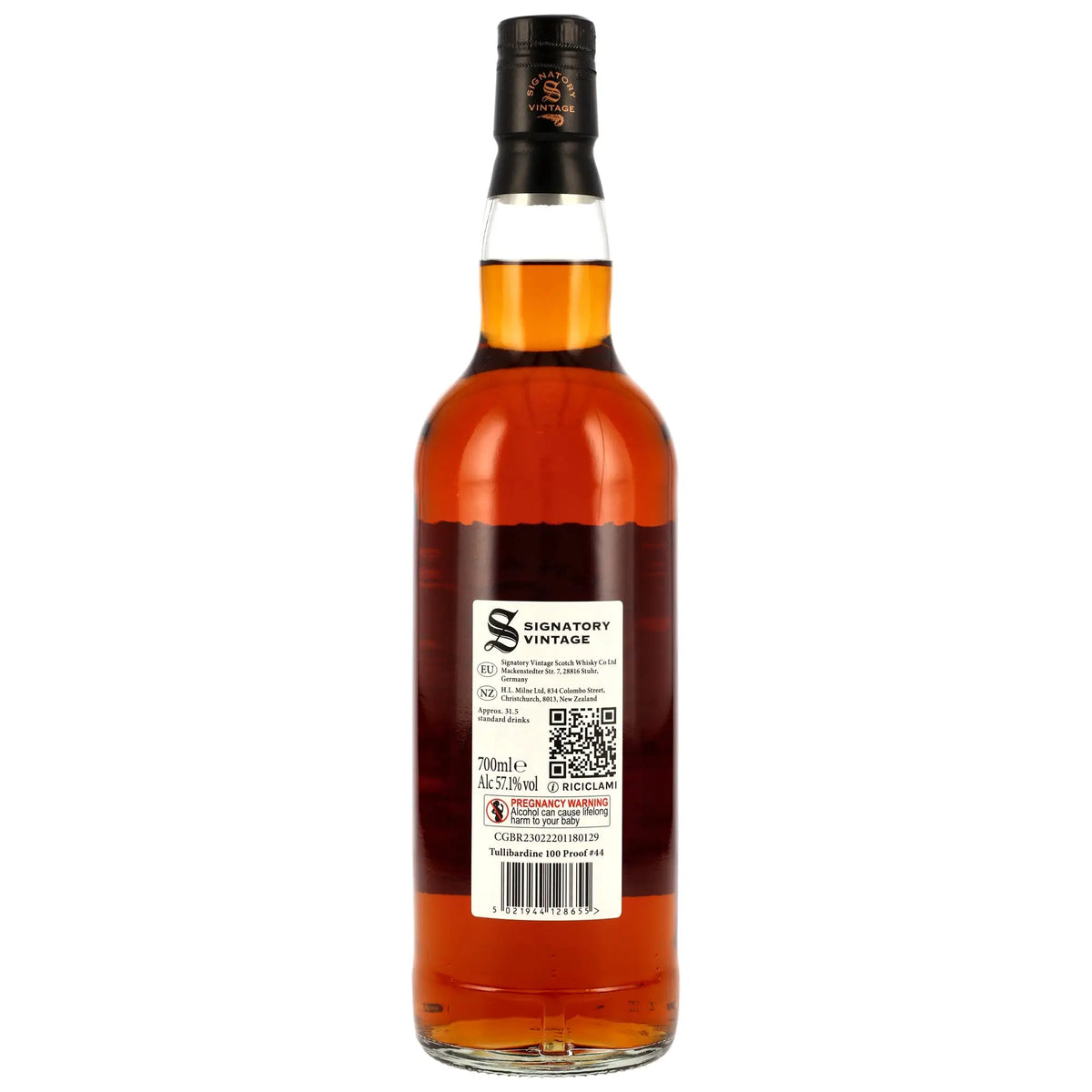 Rückseite der Single Malt Whiskyflasche Tullibardine 100 Proof Edition #44 9 Jahre 2015/2025