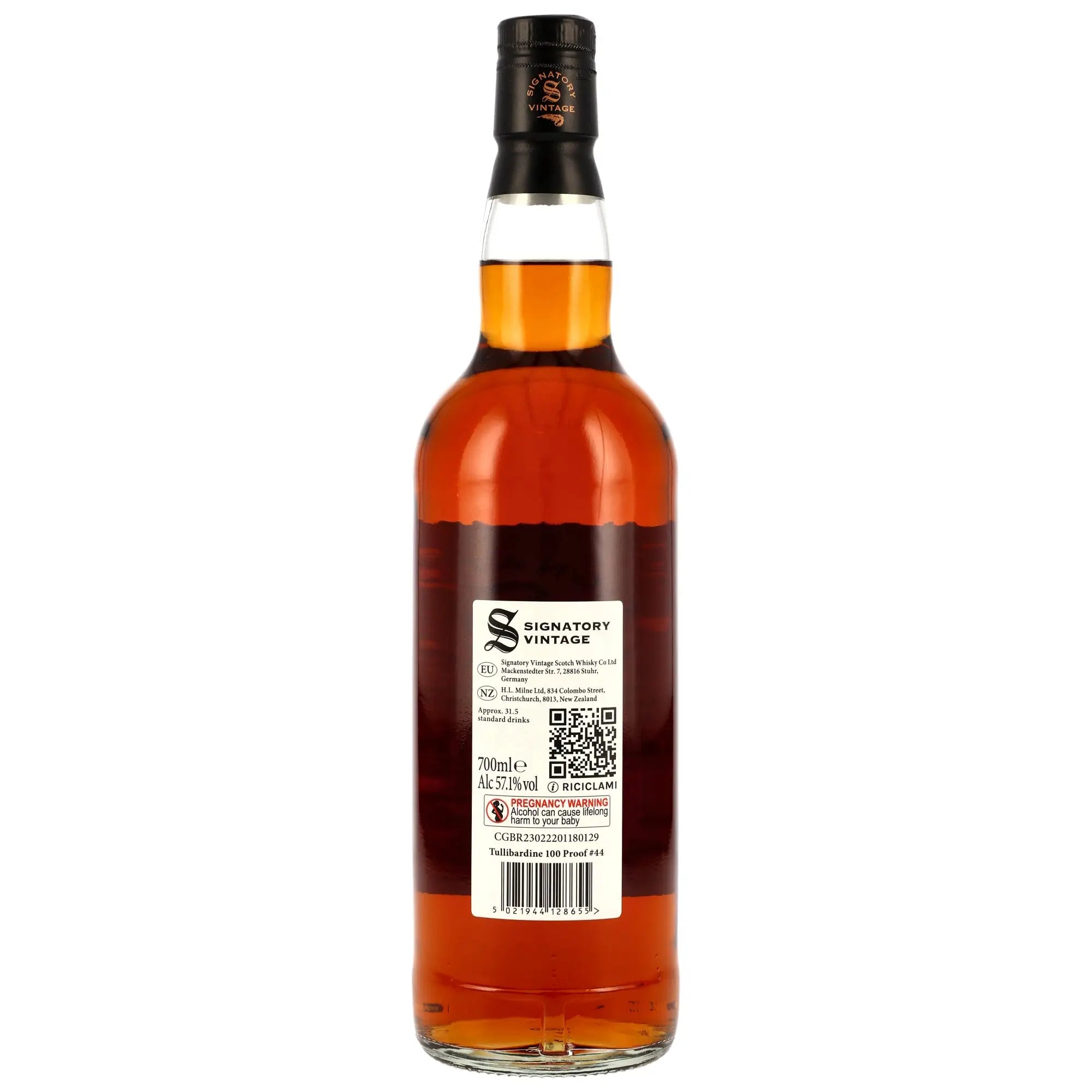 Rückseite der Single Malt Whiskyflasche Tullibardine 100 Proof Edition #44 9 Jahre 2015/2025