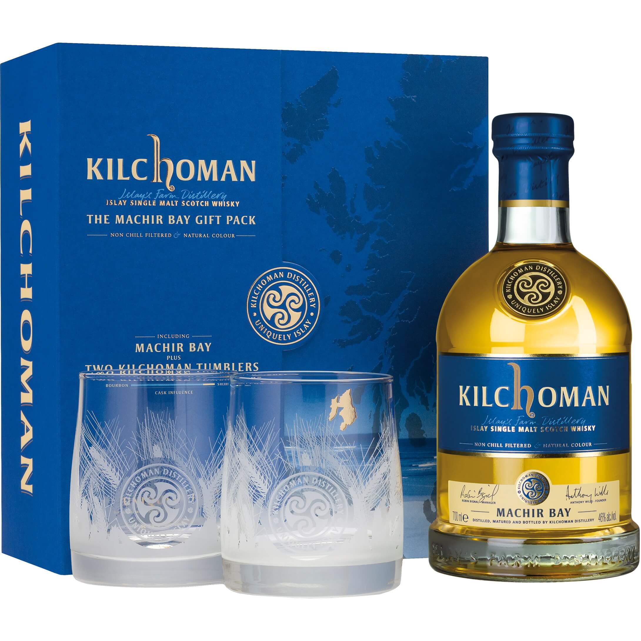 Kilchoman Machir Bay mit zwei Gläsern Islay Single Malt Scotch Whisky