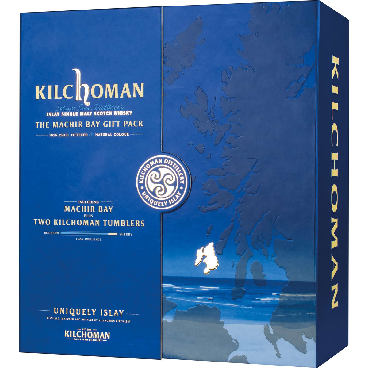 Kilchoman Machir Bay mit zwei Gläsern Islay Single Malt Scotch Whisky