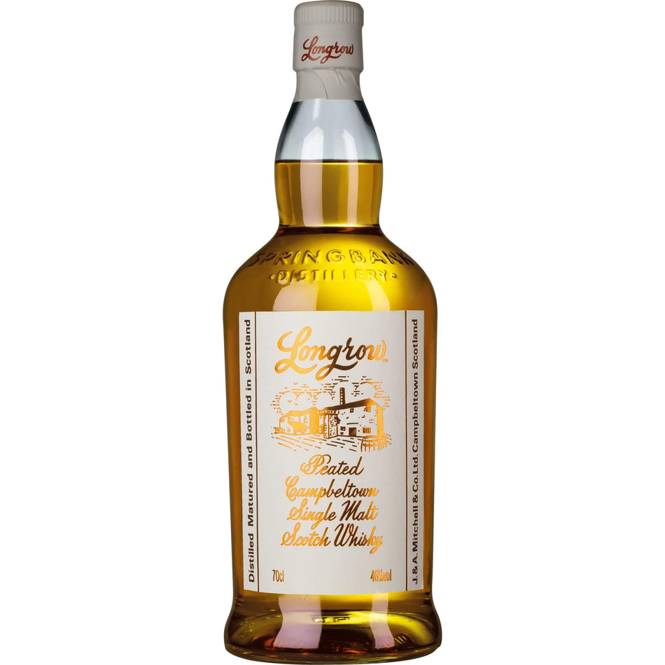 Longrow Single Malt Whisky Flasche mit hellgoldenem Inhalt und weißem Etikett